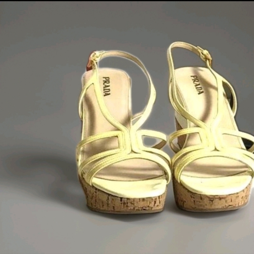 Prada Vero Cuoio Yellow Leather Wedge Sandal - Picture 2 of 6